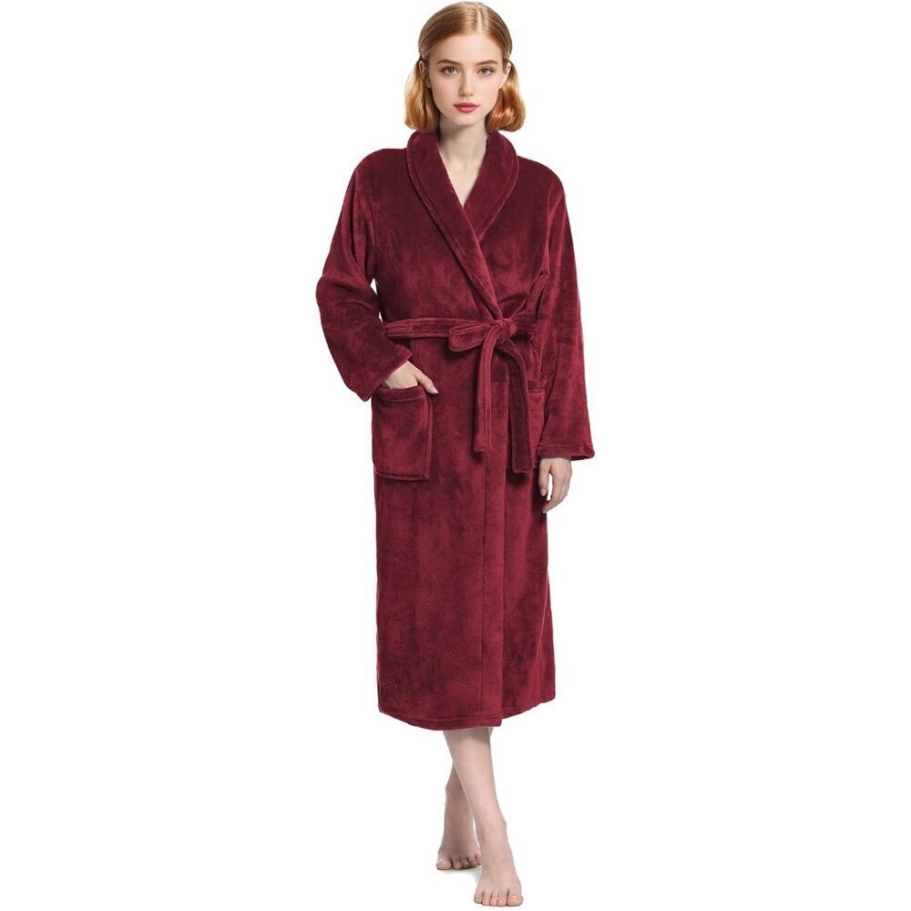 Women's Burgundy Plush Soft Fleece Robe - Premium Cozy Warm Bathrobe